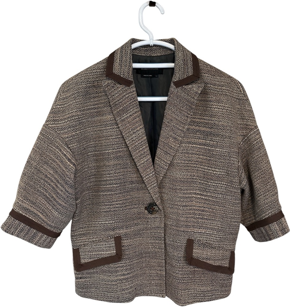 BCBG Maxazria Silk Tweed Cropped Single Button Blazer Brown Size Large